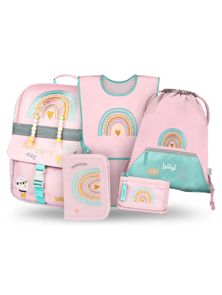 BAAGL  BAAGL SET 5 Zippy Curcubeu roz: geantă școlară, penar, sac, șorț, portofel