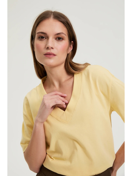 Moodo Bluză din bumbac cu decolteu în "V" galben Moodo