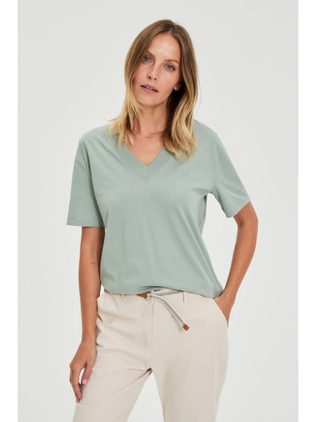 Moodo Bluză din bumbac cu decolteu în "V" verde oliv Moodo
