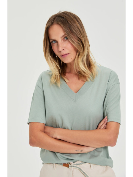 Moodo Bluză din bumbac cu decolteu în "V" verde oliv Moodo