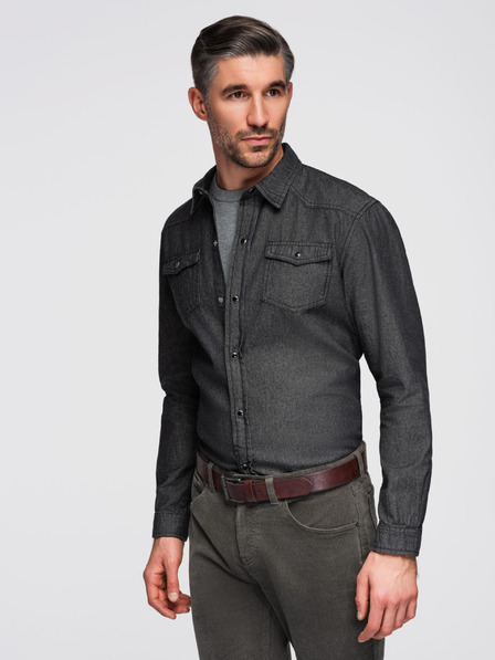 Ombre Clothing Cămașă din denim pentru bărbați cu nasturi și buzunare - negru V3 OM-SHDS-0210 Ombre Clothing