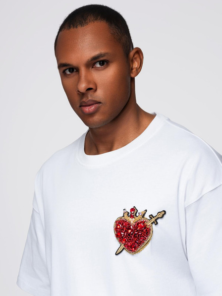 Ombre Clothing Tricou bărbătesc din bumbac cu aplicație de bijuterii pe piept - alb crem V2 OM-TSCT-0290 Ombre Clothing