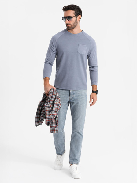 Ombre Clothing Mâneci lungi bărbătești din bumbac cu țesătură ondulată și buzunare - albastru denim V8 OM-LSCL-0109 Ombre Clothing