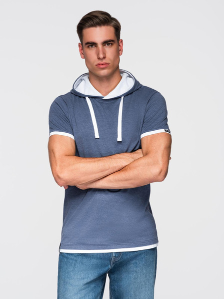 Ombre Clothing Tricou bărbătesc din bumbac cu glugă - albastru închis melanj V12 OM-TSCT-0256 Ombre Clothing