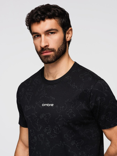 Ombre Clothing Tricou din bumbac pentru bărbați cu imprimeu pe toată suprafața și text "ombre" pe piept - negru V1 OM-TSFP-0263 Ombre Clothing
