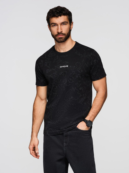 Ombre Clothing Tricou din bumbac pentru bărbați cu imprimeu pe toată suprafața și text "ombre" pe piept - negru V1 OM-TSFP-0263 Ombre Clothing