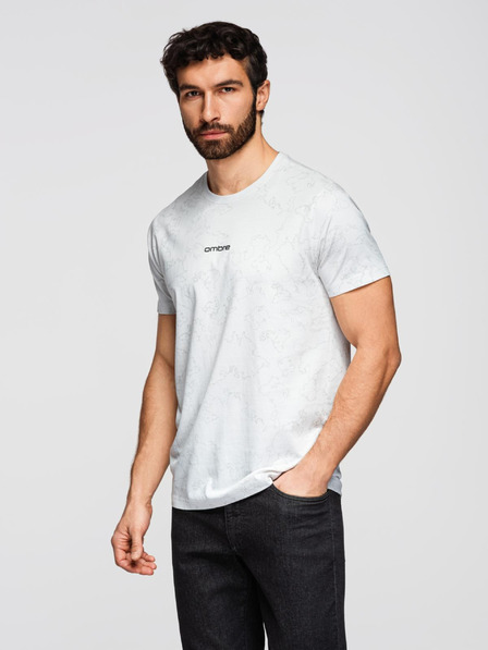 Ombre Clothing Tricou bărbătesc din bumbac cu imprimeu pe toată suprafața și inscripție "ombre" pe piept - alb V2 OM-TSFP-0263 Ombre Clothing