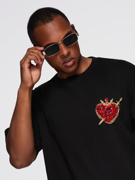 Ombre Clothing Tricou bărbătesc din bumbac cu aplicație bijuterii pe piept - negru V1 OM-TSCT-0290 Ombre Clothing