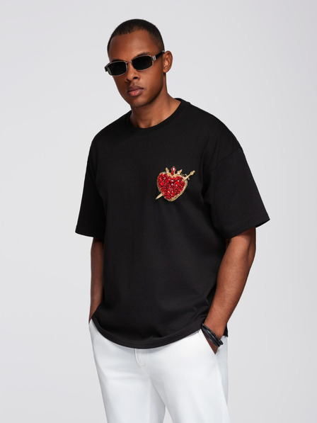 Ombre Clothing Tricou bărbătesc din bumbac cu aplicație bijuterii pe piept - negru V1 OM-TSCT-0290 Ombre Clothing