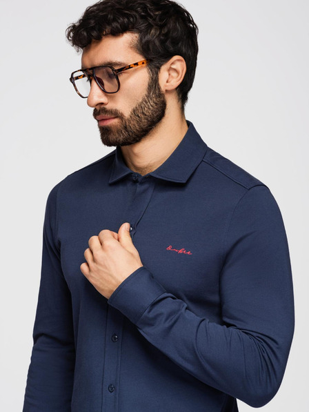 Ombre Clothing Cămașă din bumbac pentru bărbați REGULAR cu broderie cu contrast - albastru închis V2 K697 Ombre Clothing