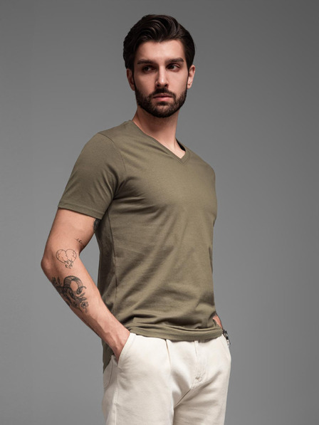 Ombre Clothing Tricou basic cu decolteu în V kaki pentru bărbați Ombre Clothing
