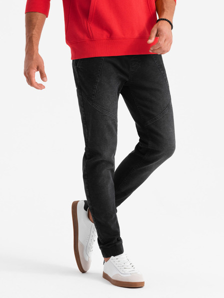 Ombre Clothing Pantaloni de trening din denim pentru bărbați cu cusături asimetrice negru Ombre Clothing