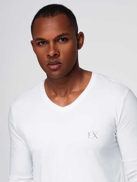 Ombre Clothing Tricou bărbătesc SLIM FIT cu mânecă lungă și gât în V, cu elastan și imprimeu alb Ombre Clothing