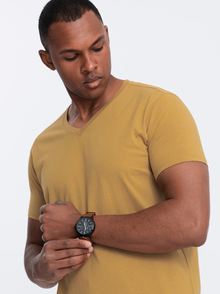 Ombre Clothing Tricou clasic cu gât rotund BASIC din bumbac pentru bărbați - muștar V8 OM-TSBS-0145 Ombre Clothing