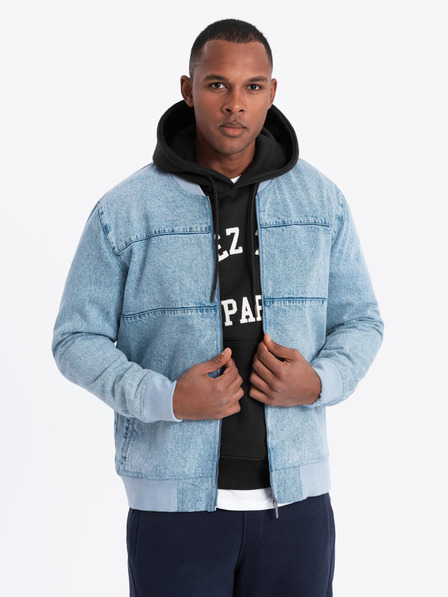 Ombre Clothing Jachetă bomber bărbătească din denim cu efect stone wash - albastru deschis V3 OM-JADJ-0163 Ombre Clothing