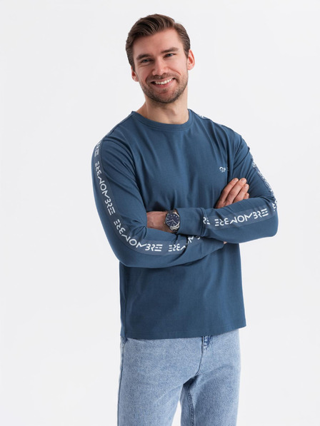 Ombre Clothing Tricou din bumbac pentru bărbați cu mânecă lungă, cu bordură și imprimeu pe piept Ombre Clothing