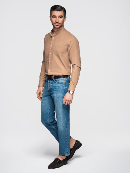 Ombre Clothing Cămașă din pânză pentru bărbați cu guler înalt și buzunar REGULAR FIT - maro deschis