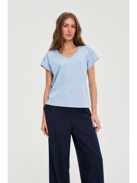 Moodo Bluză cu dantelă pe mâneci albastru deschis Moodo