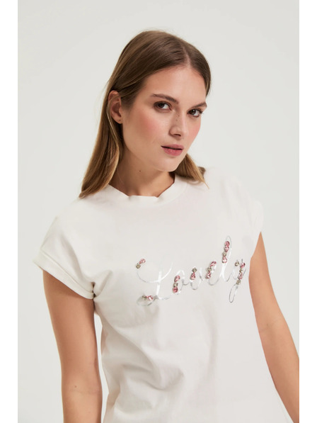 Moodo Tricou cu imprimeu si margele alb Moodo