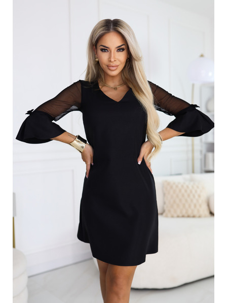 numoco Rochie trapez cu paiete, mâneci din tul și decolteu în V - neagră