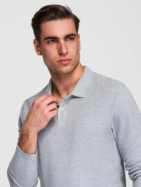 Ombre Clothing Tricou bărbătesc cu mânecă lungă și guler polo BASIC - gri melanj V4 OM-POBL-0162 Ombre Clothing