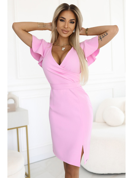 numoco 479-10 NINA rochie elegantă cu decolteu în V, mâneci și centură - roz bombon