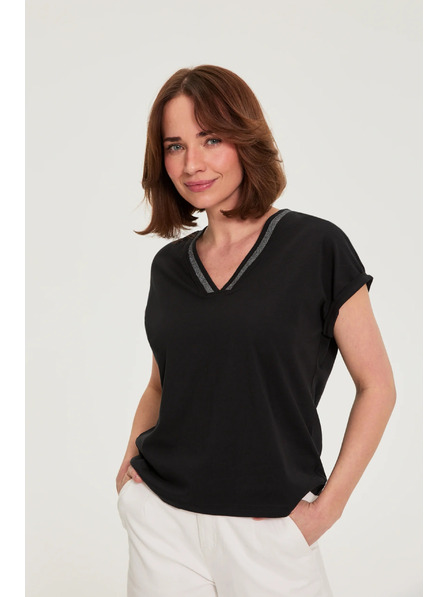 Moodo Tricou de bumbac cu decolteu în V negru Moodo