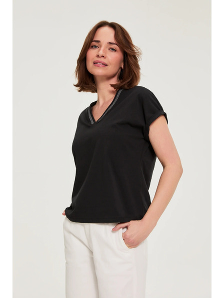 Moodo Tricou de bumbac cu decolteu în V negru Moodo