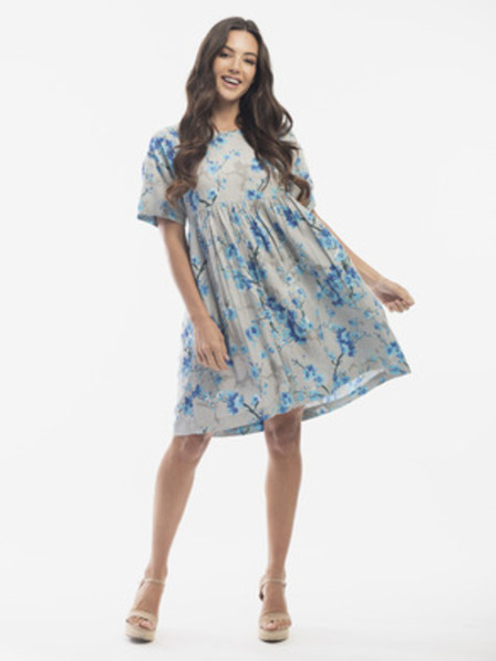 Orientique Rochie pentru femei cu flori albastru-gri și amestec de in