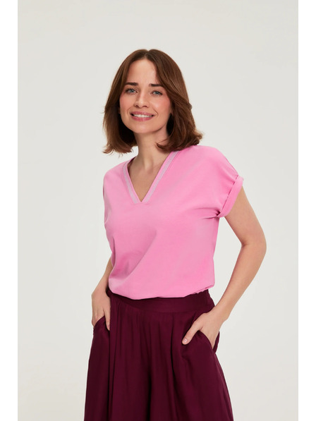 Moodo Tricou din bumbac cu decolteu în V roz Moodo