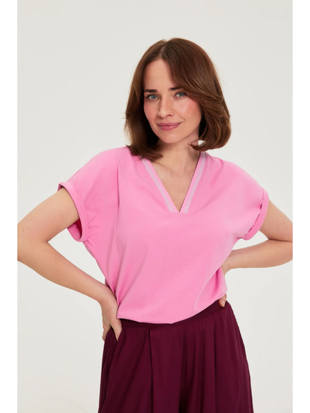 Moodo Tricou din bumbac cu decolteu în V roz Moodo