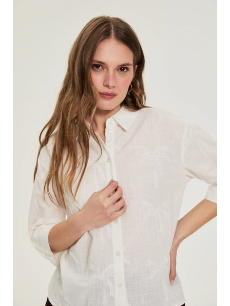Moodo Cămașă din bumbac cu mâneci 3/4 albă Moodo