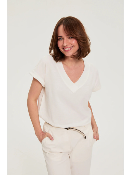 Moodo Bluză din bumbac cu decolteu în V alb Moodo