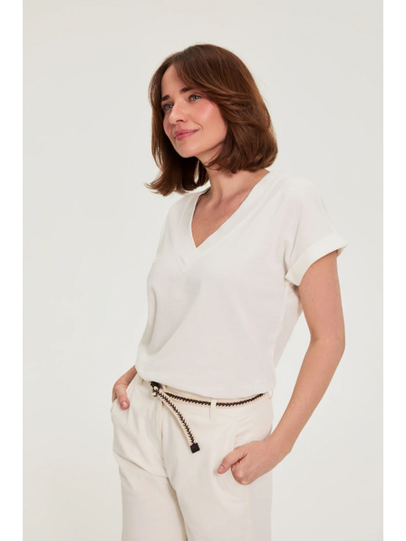 Moodo Bluză din bumbac cu decolteu în V alb Moodo