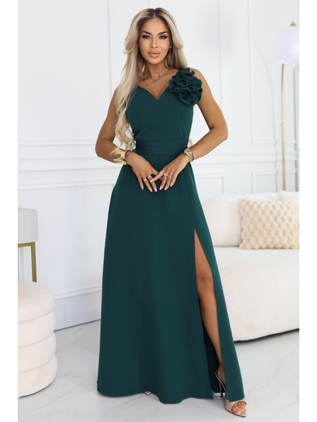 numoco Rochie maxi romantică cu floare pe umăr și spărtură - verde sticlă