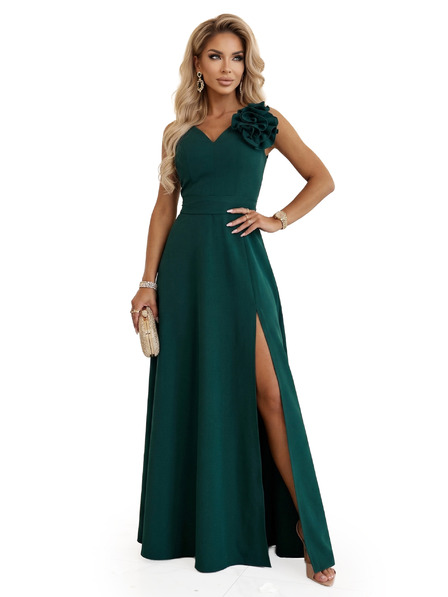 numoco Rochie maxi romantică cu floare pe umăr și spărtură - verde sticlă