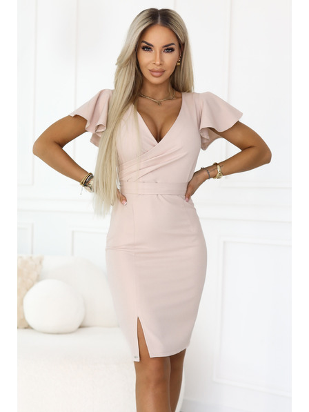 numoco NINA Rochie elegantă cu decupaj tip eșarfă, mânecă și curea - bej cu sclipici