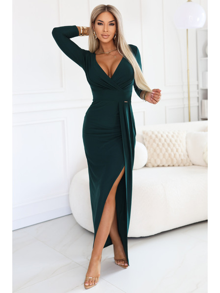 numoco Rochie lungă elegantă cu decolteu tip plic și cărpă - verde sticlă