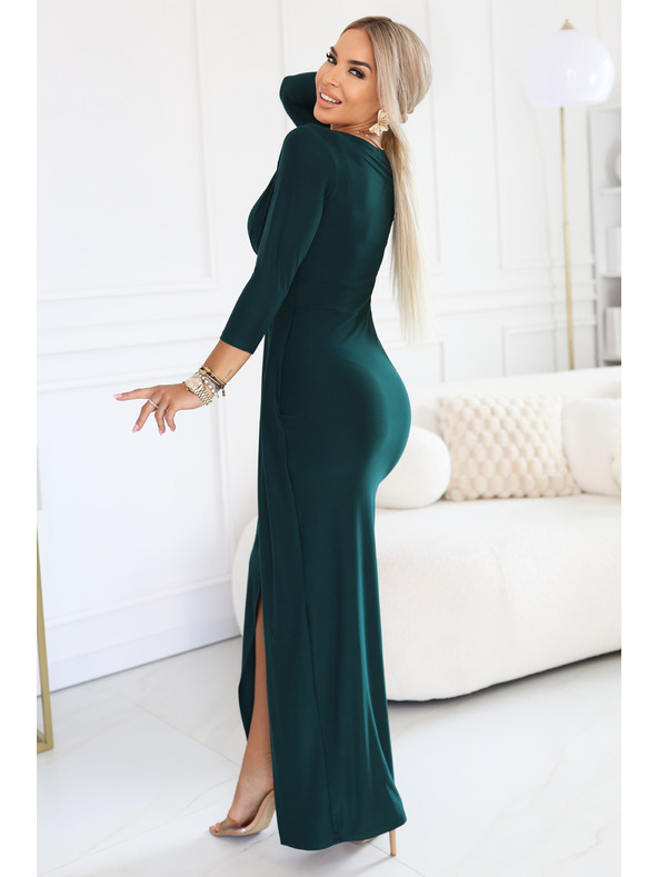 numoco Rochie lungă elegantă cu decolteu tip plic și cărpă - verde sticlă