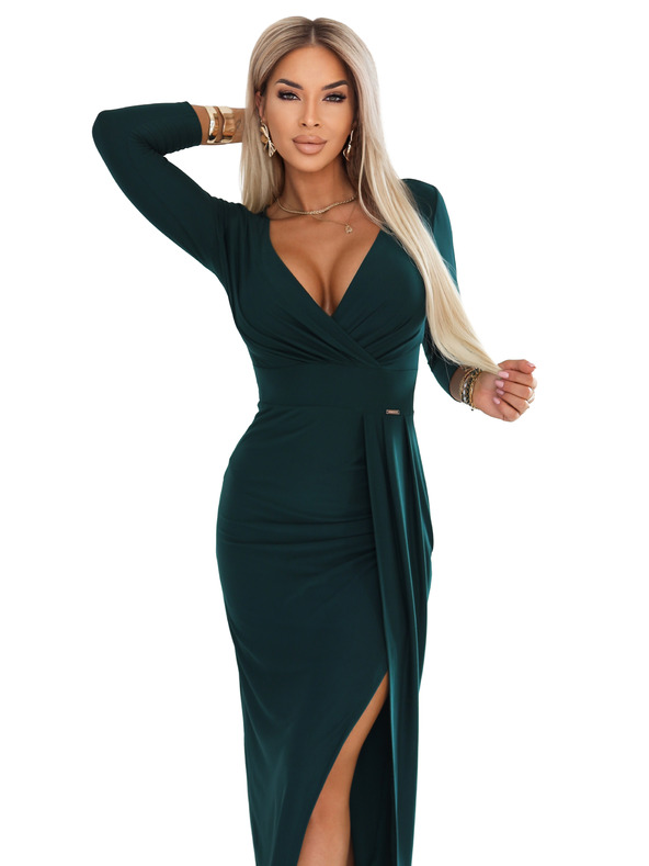 numoco Rochie lungă elegantă cu decolteu tip plic și cărpă - verde sticlă