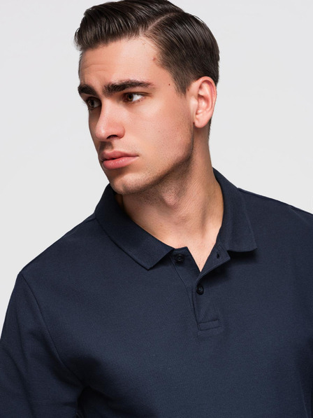 Ombre Clothing Tricou bărbătesc BASIC cu mânecă lungă și guler polo - albastru închis V3 OM-POBL-0162 Ombre Clothing