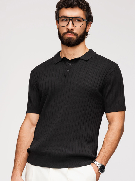 Ombre Clothing Poloshirt pentru bărbați SLIM FIT din viscază cu dungi verticale - negru V1 OM-POSS-0169 Ombre Clothing
