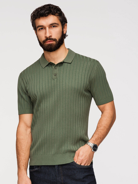 Ombre Clothing Polochiă SLIM FIT din viscoză pentru bărbați cu nervuri verticale - verde măsliniu V4 OM-POSS-0169 Ombre Clothing