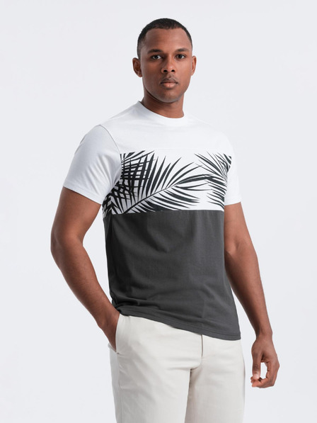 Ombre Clothing Tricou bicolor pentru bărbați cu imprimeu frunze de palmier - grafit V2 OM-TSPT-0177 Ombre Clothing