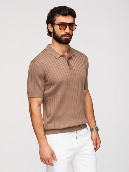 Ombre Clothing Polochiă SLIM FIT din viscoză pentru bărbați cu dungi verticale - maro deschis V5 OM-POSS-0169 Ombre Clothing