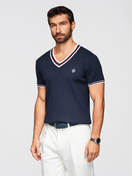 Ombre Clothing Tricou din viscoză pentru bărbați cu decolteu șerpuit - albastru închis V2 OM-TSCT-0266 Ombre Clothing