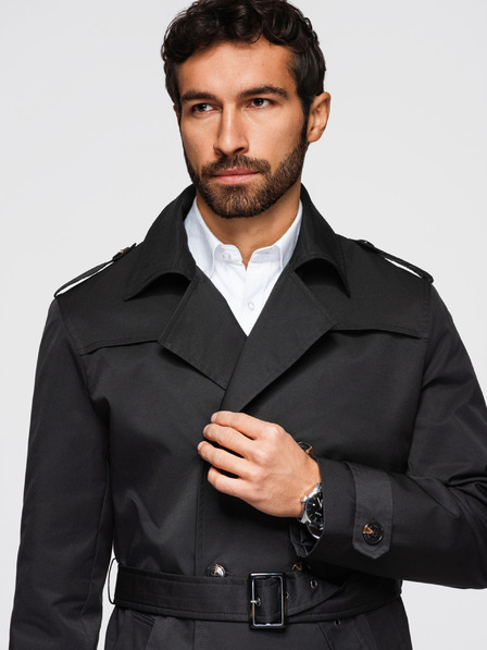 Ombre Clothing Sacou elegant pentru bărbați cu două rânduri de nasturi SLIM FIT cu centură - negru V2 OM-COLC-0146 Ombre Clothing