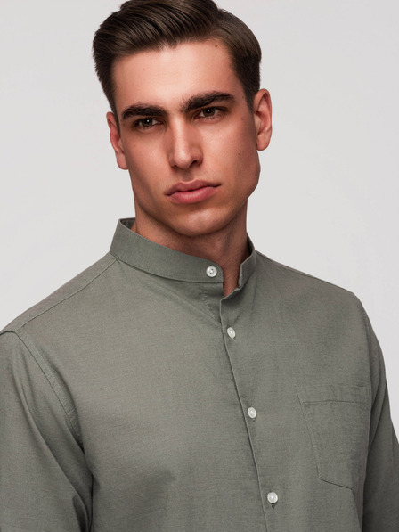Ombre Clothing Cămașă bărbătească din pânză cu guler ridicat și buzunar REGULAR FIT - khaki V6 K704 Ombre Clothing