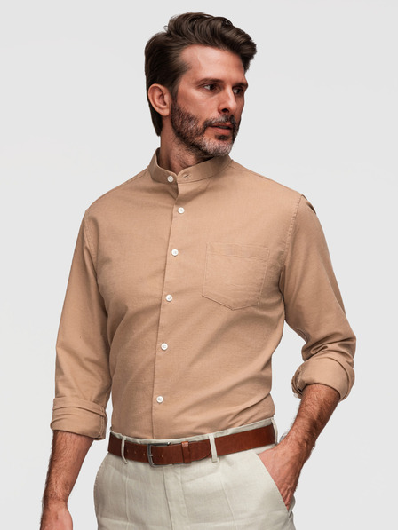 Ombre Clothing Cămașă bărbătească din pânză cu guler ridicat și buzunar REGULAR FIT - maro deschis V7 K704 Ombre Clothing