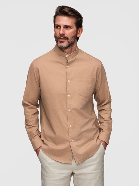Ombre Clothing Cămașă bărbătească din pânză cu guler ridicat și buzunar REGULAR FIT - maro deschis V7 K704 Ombre Clothing